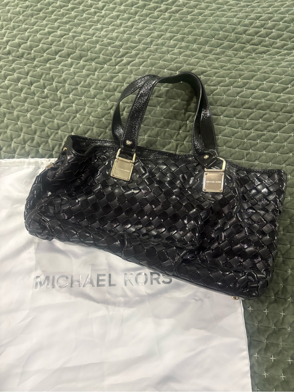 Michael Kors, black leather woven, satchel shoulder bag